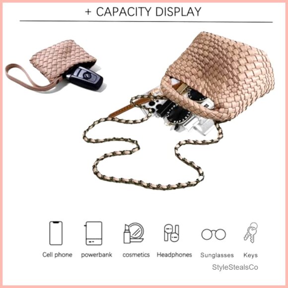 Woven Vegan Leather Mini Tote Bag with Chain Strap Crossbody Shoulder Purse